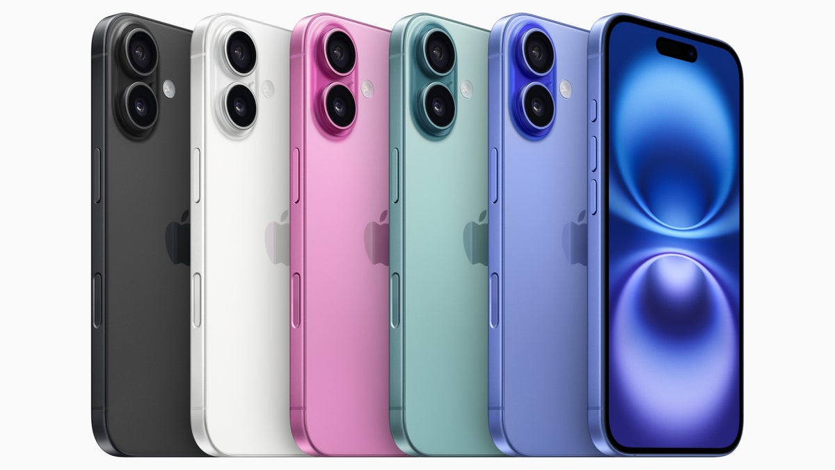 iPhone lineup in black, white, pink, teal and ultramarine